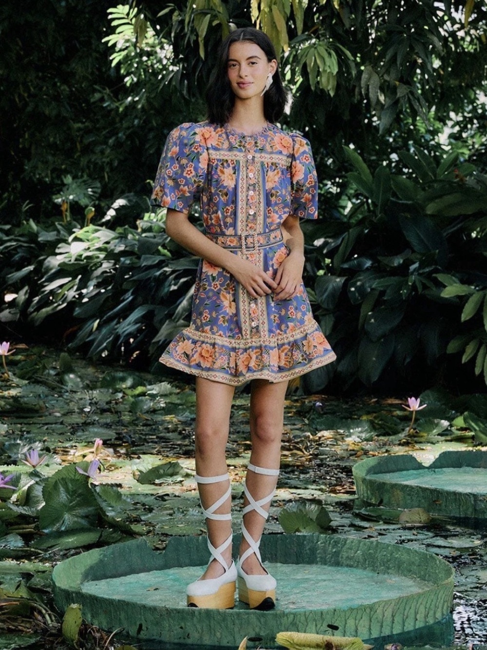 Farm Rio Superbloom Tapestry Blue Mini Dress Puff Sleeve Floral Cotton Sz M